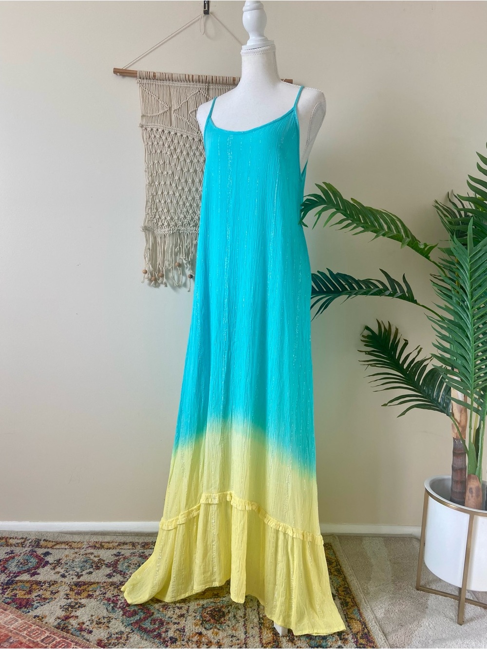 Etc by Lazy Daisy Turquoise Yellow Ombre Maxi Shimmery Dress Boho OSFA